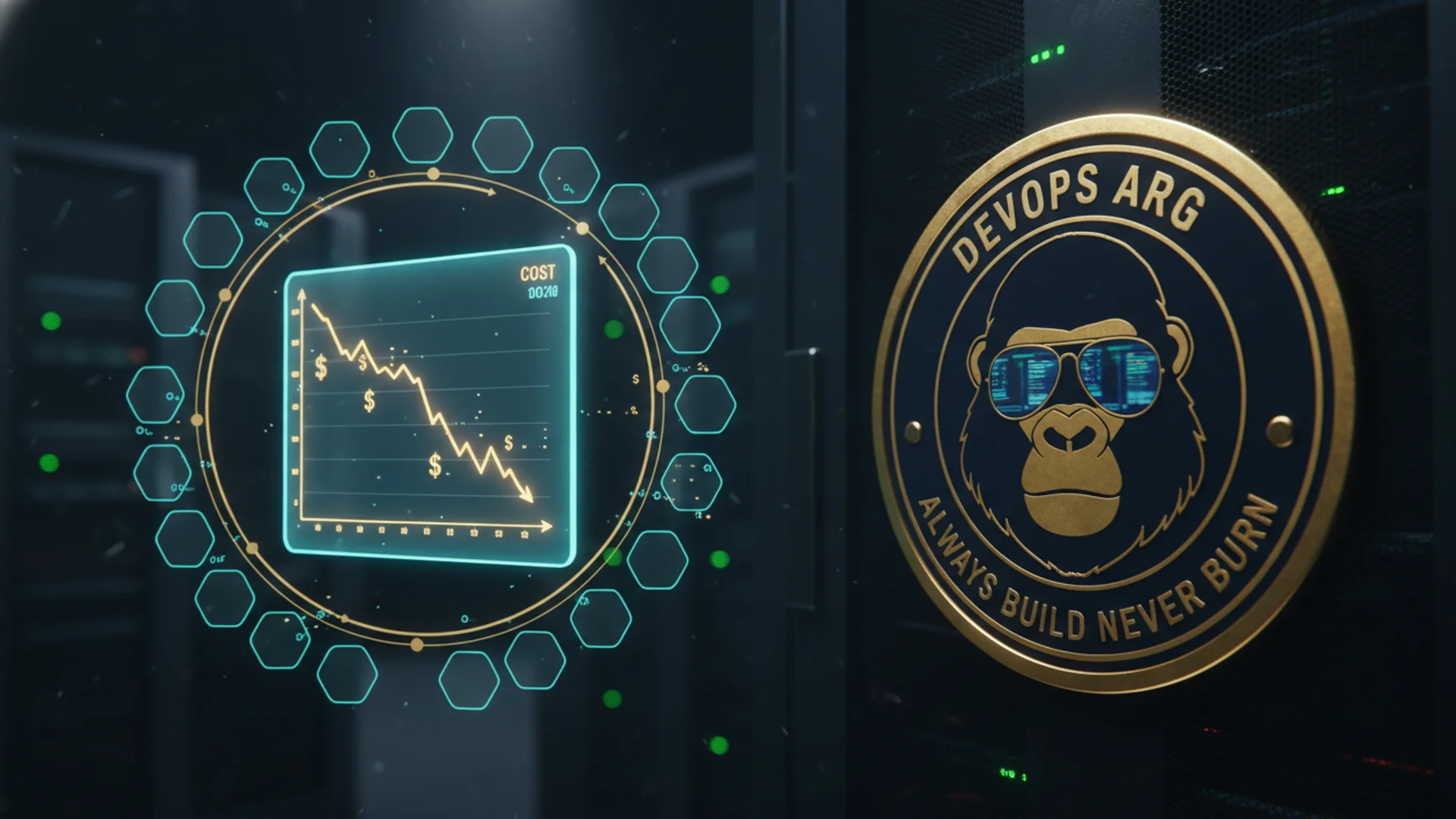 Isometric flat illustration of a friendly engineer chatting with an AI FinOps assistant on a laptop, a circular DEVOPS ARG gorilla badge poster on the back wall, navy and gold palette with scattered region tiles connected by gold data flows