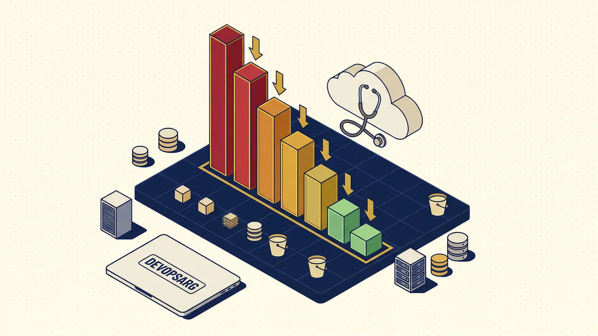 Isometric flat illustration of a declining AWS cost bar chart from red to green with a stethoscope-cloud icon and DEVOPSARG laptop sticker