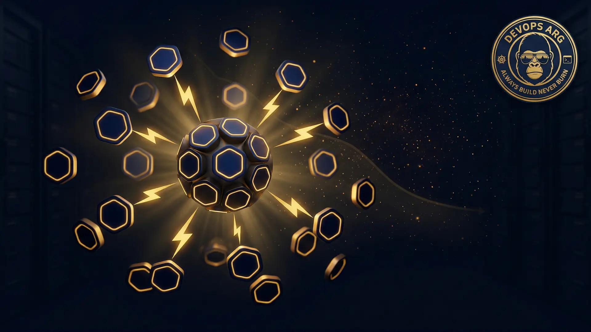 Hexagonal Kubernetes nodes consolidating in orbital formation with gold lightning bolts and navy void background, representing Spot instance efficiency gains