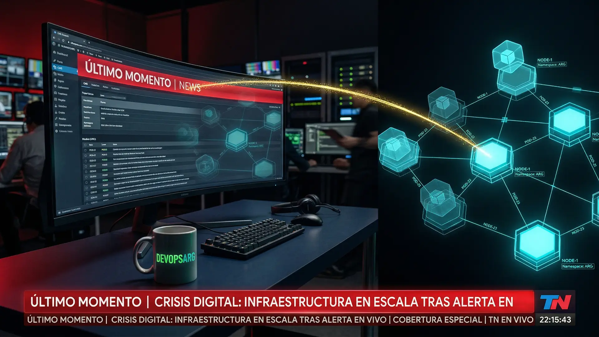 Sala de redacción con monitor CMS mostrando banner rojo ÚLTIMO MOMENTO y cluster de Kubernetes escalando en tiempo real, conectados por línea dorada de webhook
